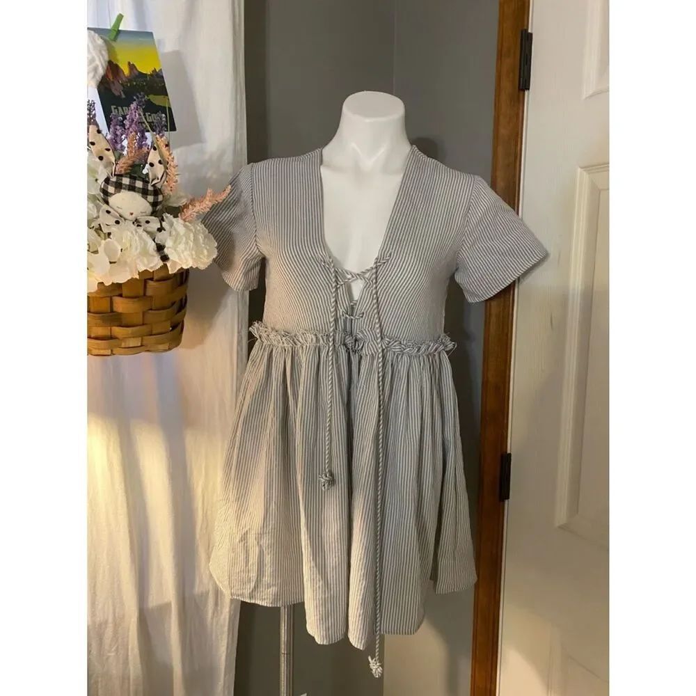 Hazel Striped Lace-Up Babydoll Mini Dress in Light Gray